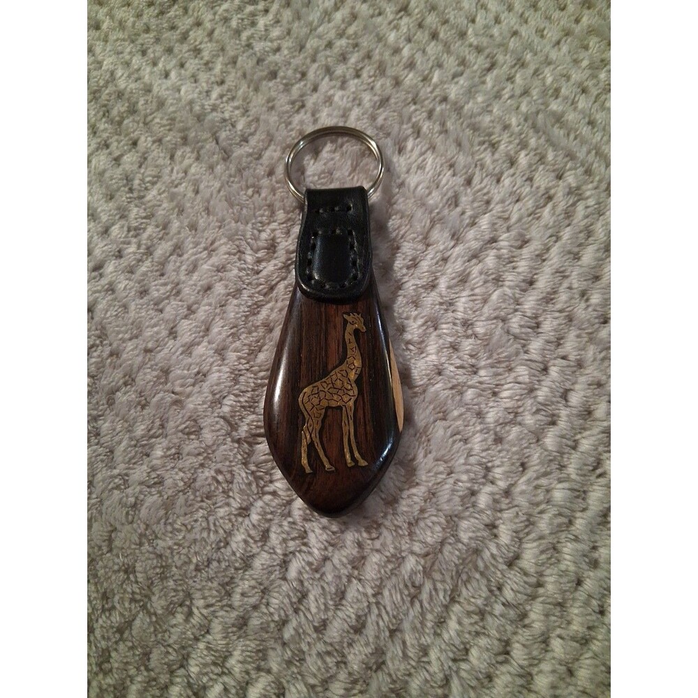 JB ART CRAFT Carved African Blackwood‎ Brass Giraffe Inlay Keyring Gift Present